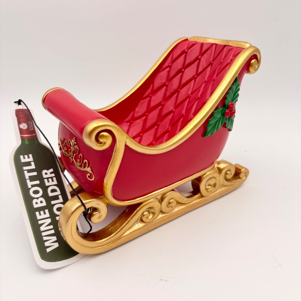 Wild Eye Designs Christmas Sleigh Wine Bottle Holder Red Gold Holiday Decor
